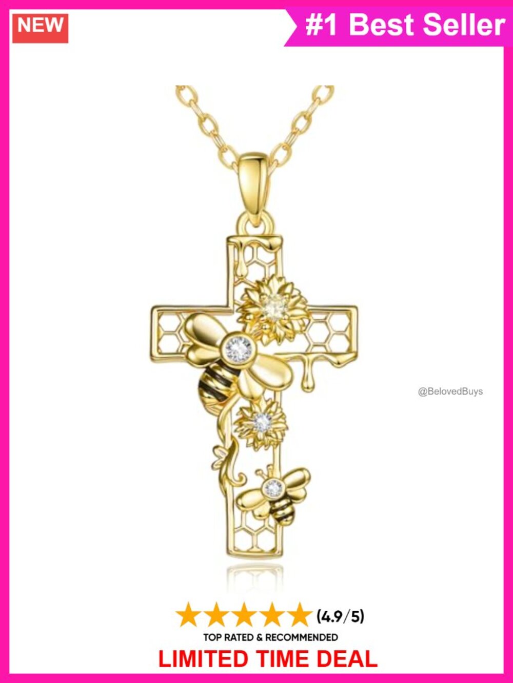 Women's Cross Necklace Honeycomb Bee Pendant Sunflower Faith Gift for Her